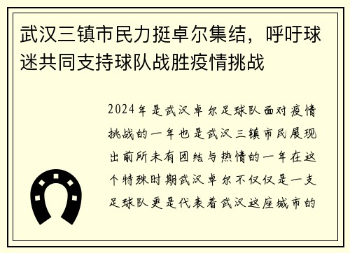 武汉三镇市民力挺卓尔集结，呼吁球迷共同支持球队战胜疫情挑战