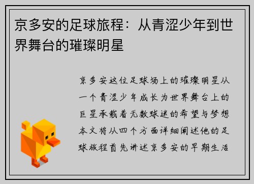 京多安的足球旅程：从青涩少年到世界舞台的璀璨明星